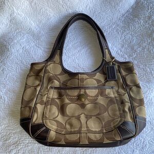 LG Coach Signature Logo hand bag brown & tan leather trim shoulder